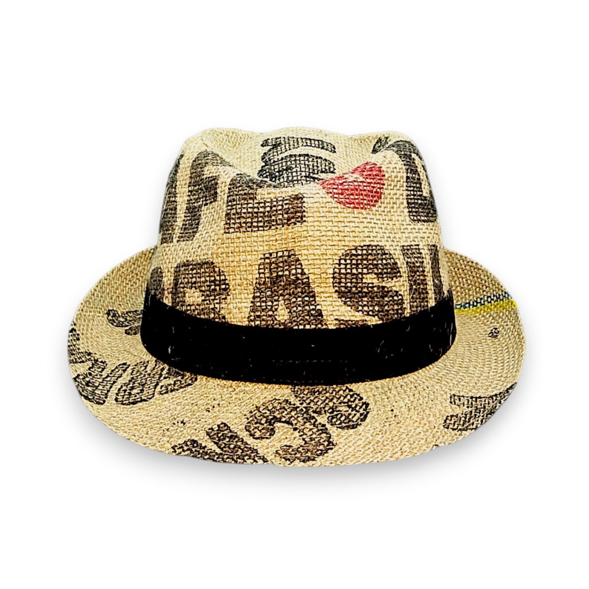Sbarià unique coffee sack jute trilby hat with black band and red heart detail.