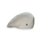 Sbarià ecru 100% virgin linen flat cap with metal logo pin detail. Breathable and lightweight for sunny days.