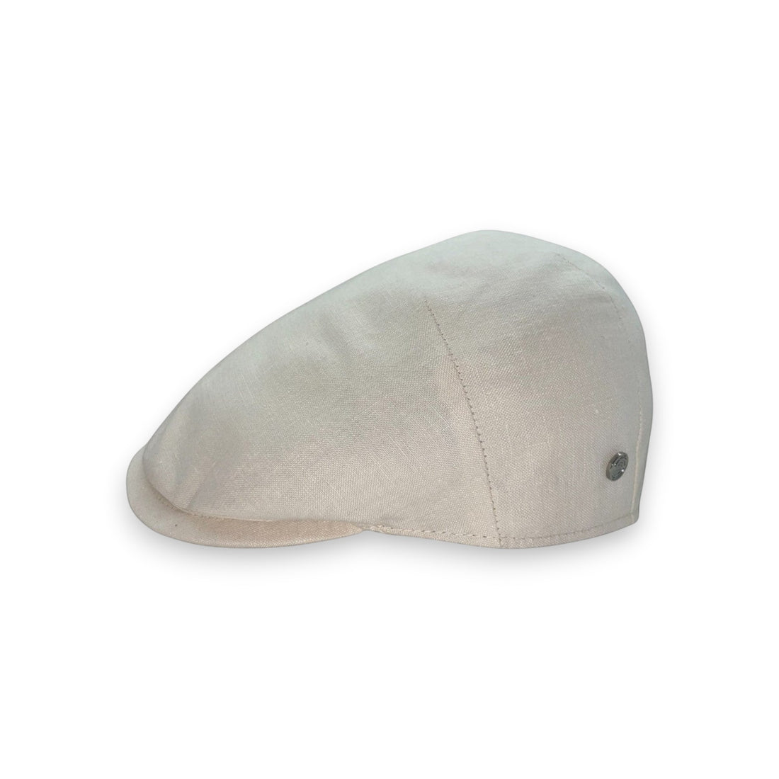 Sbarià ecru 100% linen flat cap with metal logo pin detail. Lightweight and breathable for sunny days.