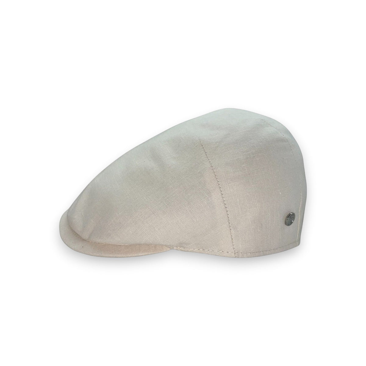 Sbarià ecru 100% linen flat cap with metal logo pin detail. Lightweight and breathable for sunny days.