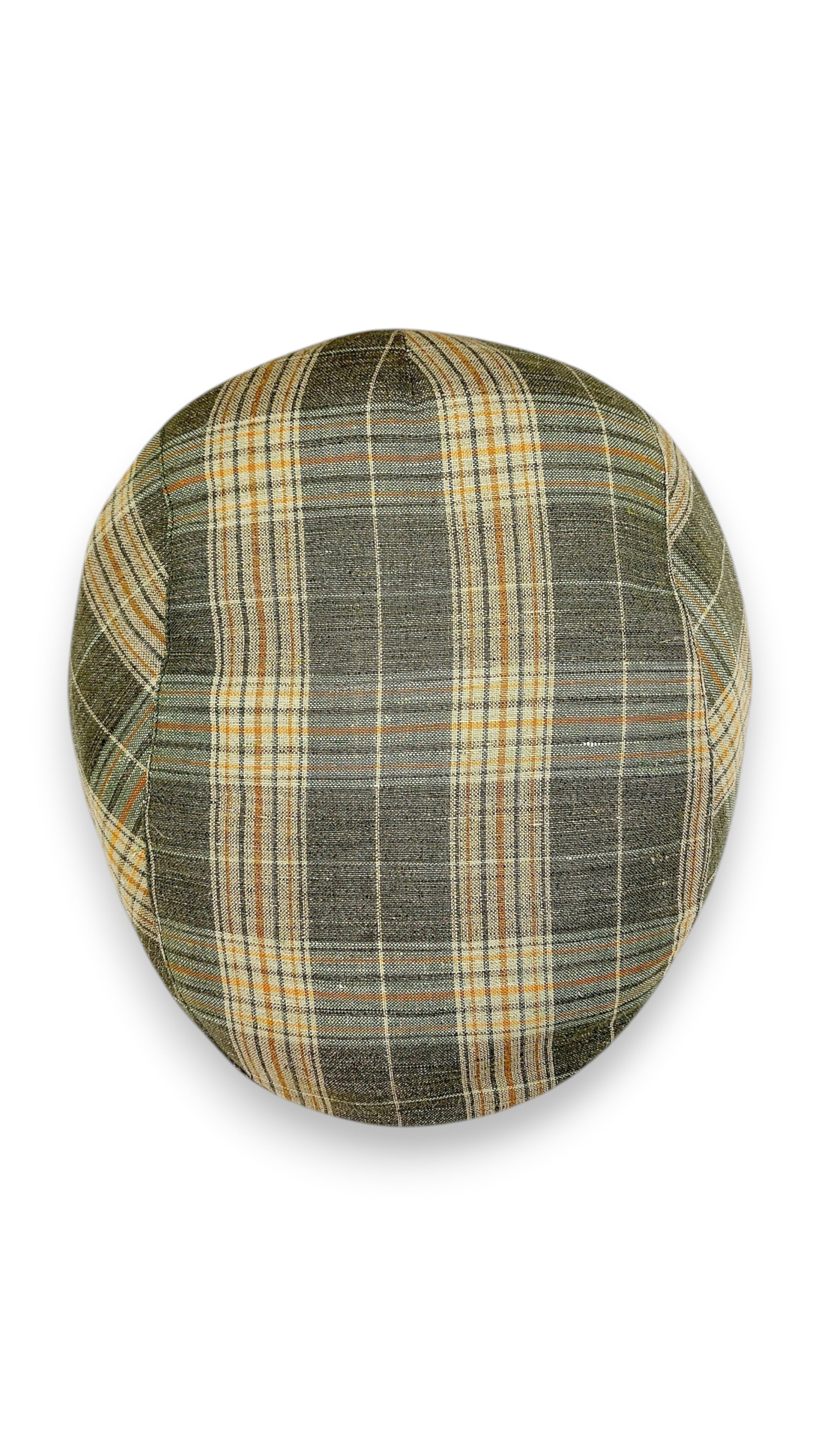 Sbarià London Tartan flat cap in green, orange, and cream plaid. Made from a linen blend with a handcrafted Italian finish.