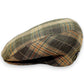 Sbarià London Tartan flat cap in green, orange, and beige plaid linen blend. Traditional Scottish pattern with Italian craftsmanship.