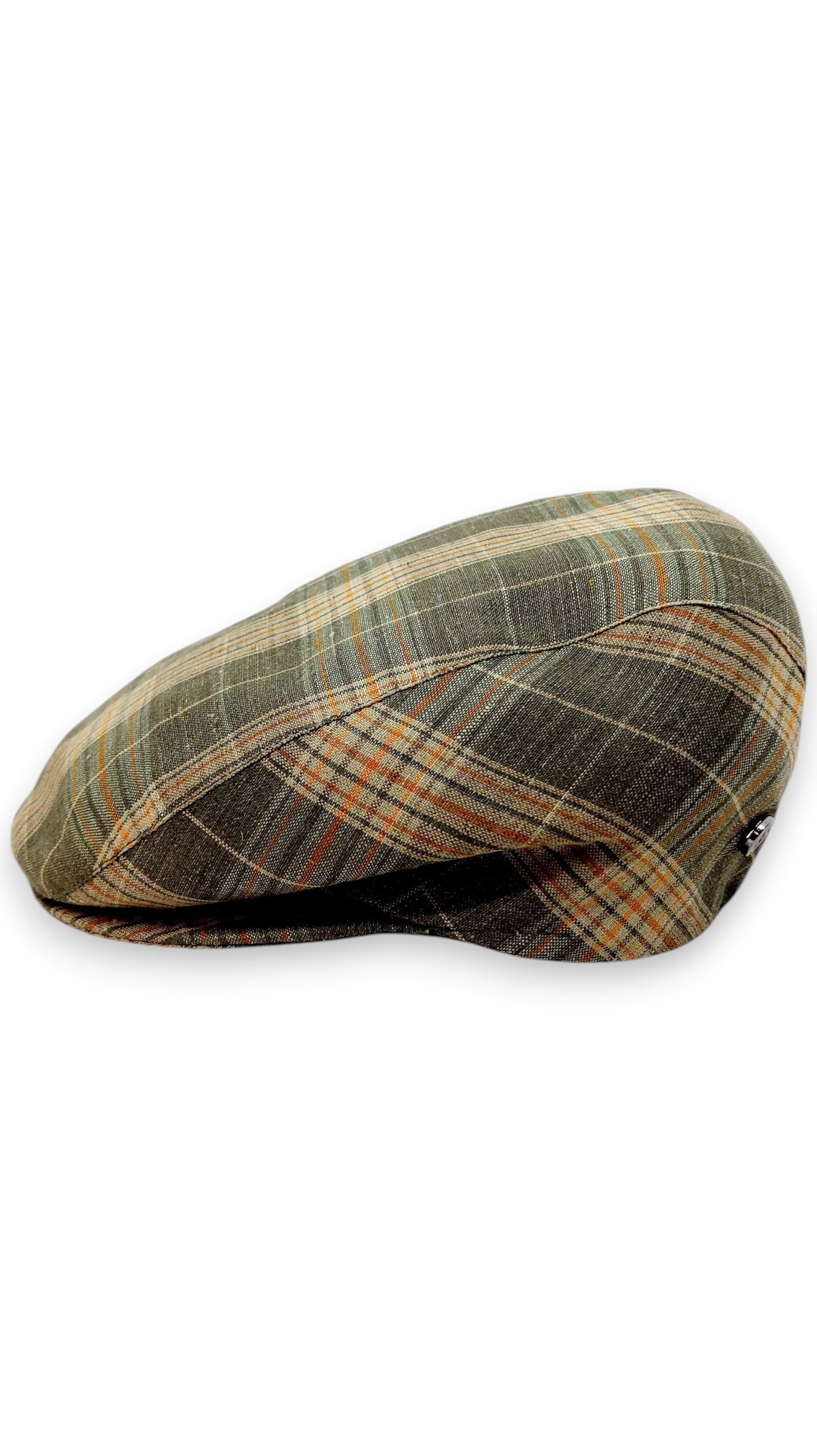Sbarià London Tartan flat cap in green, orange, and beige plaid linen blend. Traditional Scottish pattern with Italian craftsmanship.