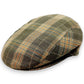 Sbarià London Tartan flat cap in green, beige, and orange plaid. Made from a linen blend with a classic cut.