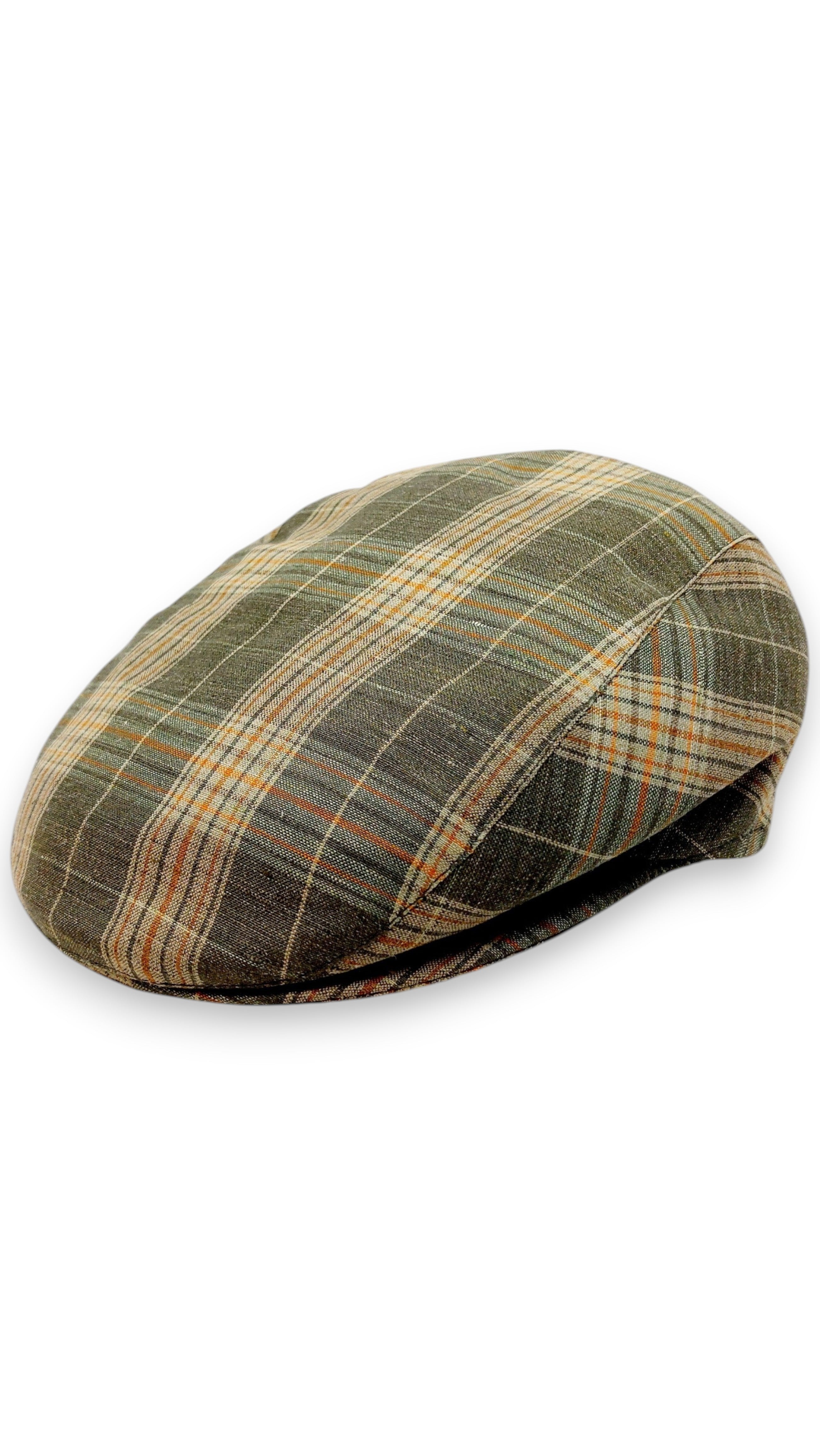 Sbarià London Tartan flat cap in green, beige, and orange plaid. Made from a linen blend with a classic cut.