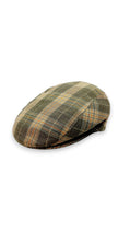 Sbarià London Tartan flat cap in green, beige, and orange plaid. Made from a linen blend with a handcrafted Italian finish.