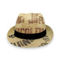Sbarià natural jute trilby hat made from coffee sacks, featuring a black band and unique printed text.