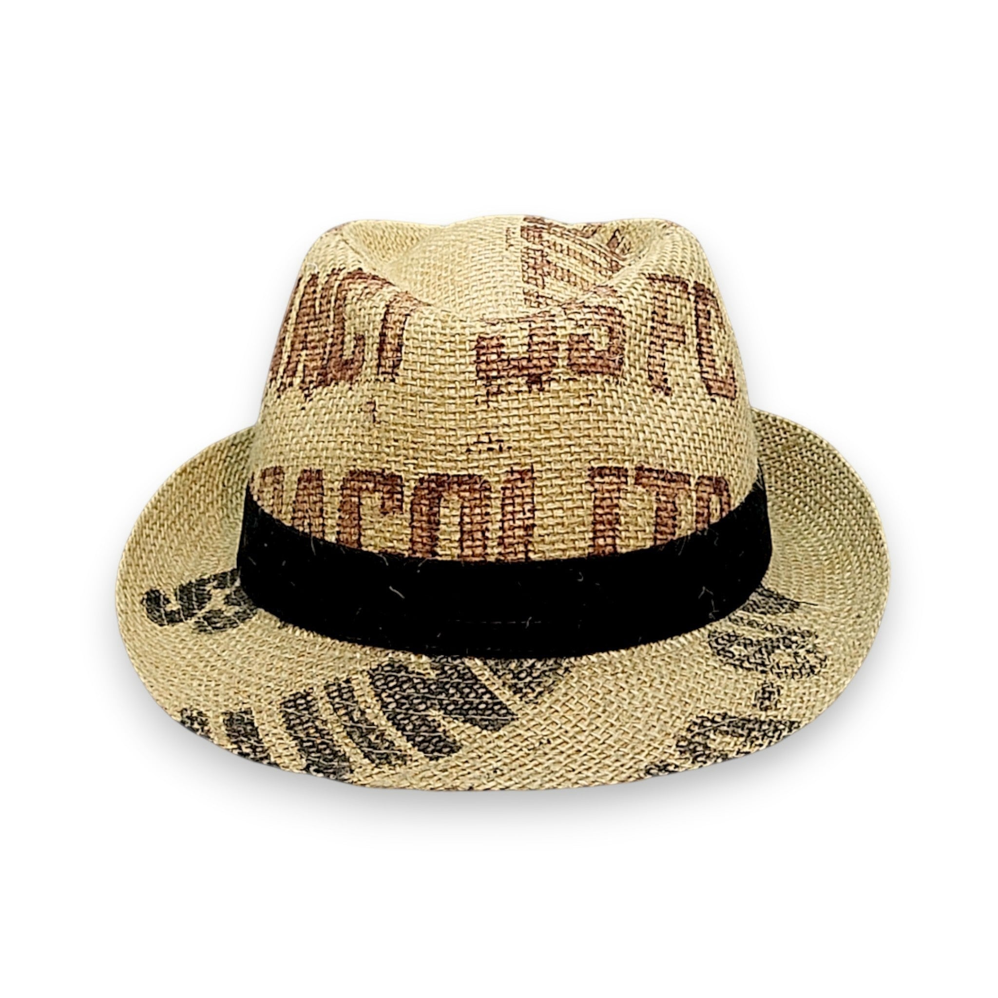 Sbarià natural jute trilby hat made from coffee sacks, featuring a black band and unique printed text.