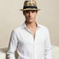 Sbarià men's natural jute coffee sack trilby hat with black band and 'BRASIL' print.