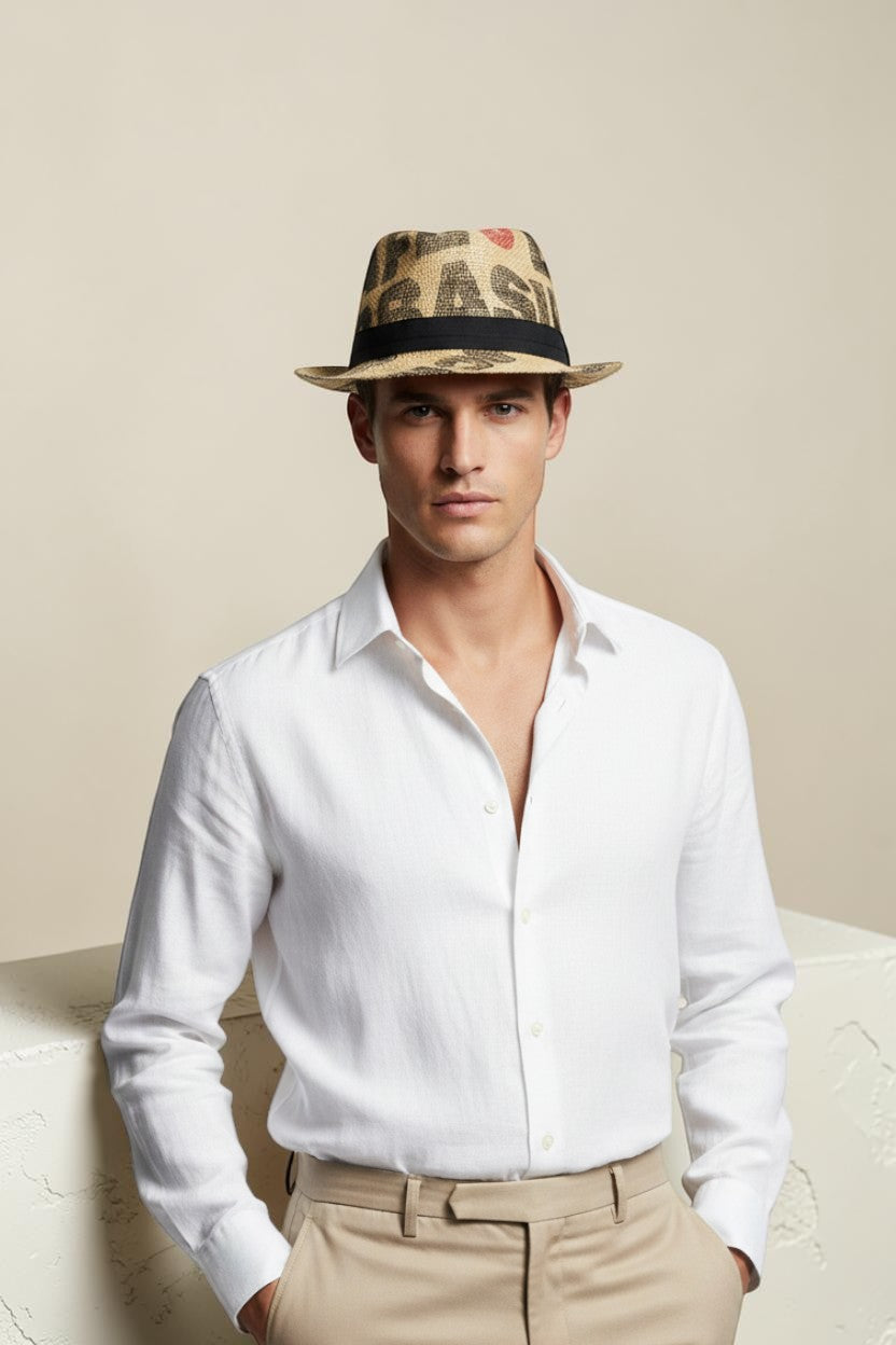 Sbarià men's natural jute coffee sack trilby hat with black band and 'BRASIL' print.