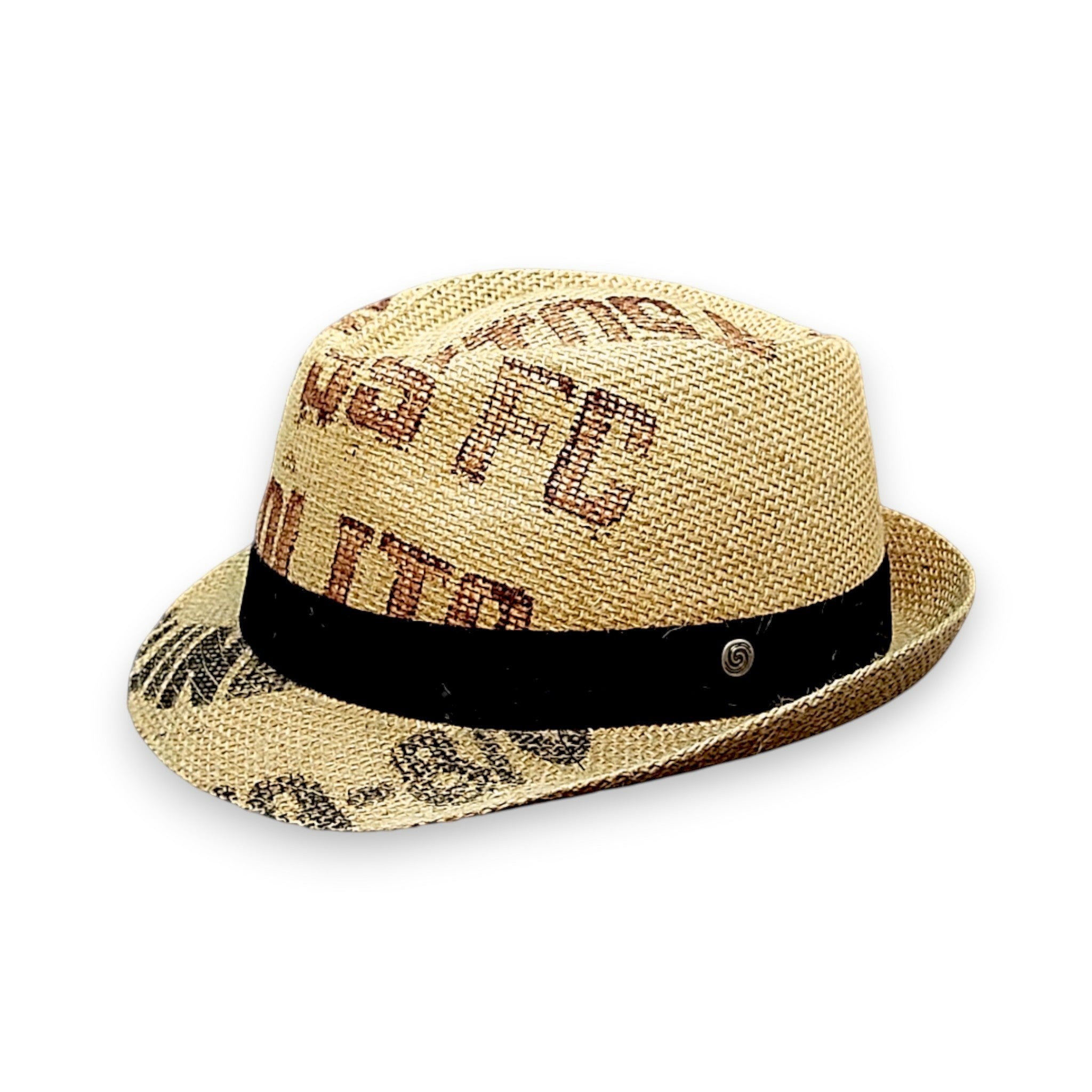 Sbarià natural jute coffee sack trilby hat with black band and unique print