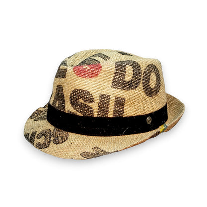 Sbarià unique coffee sack jute trilby hat with black band and red accent.