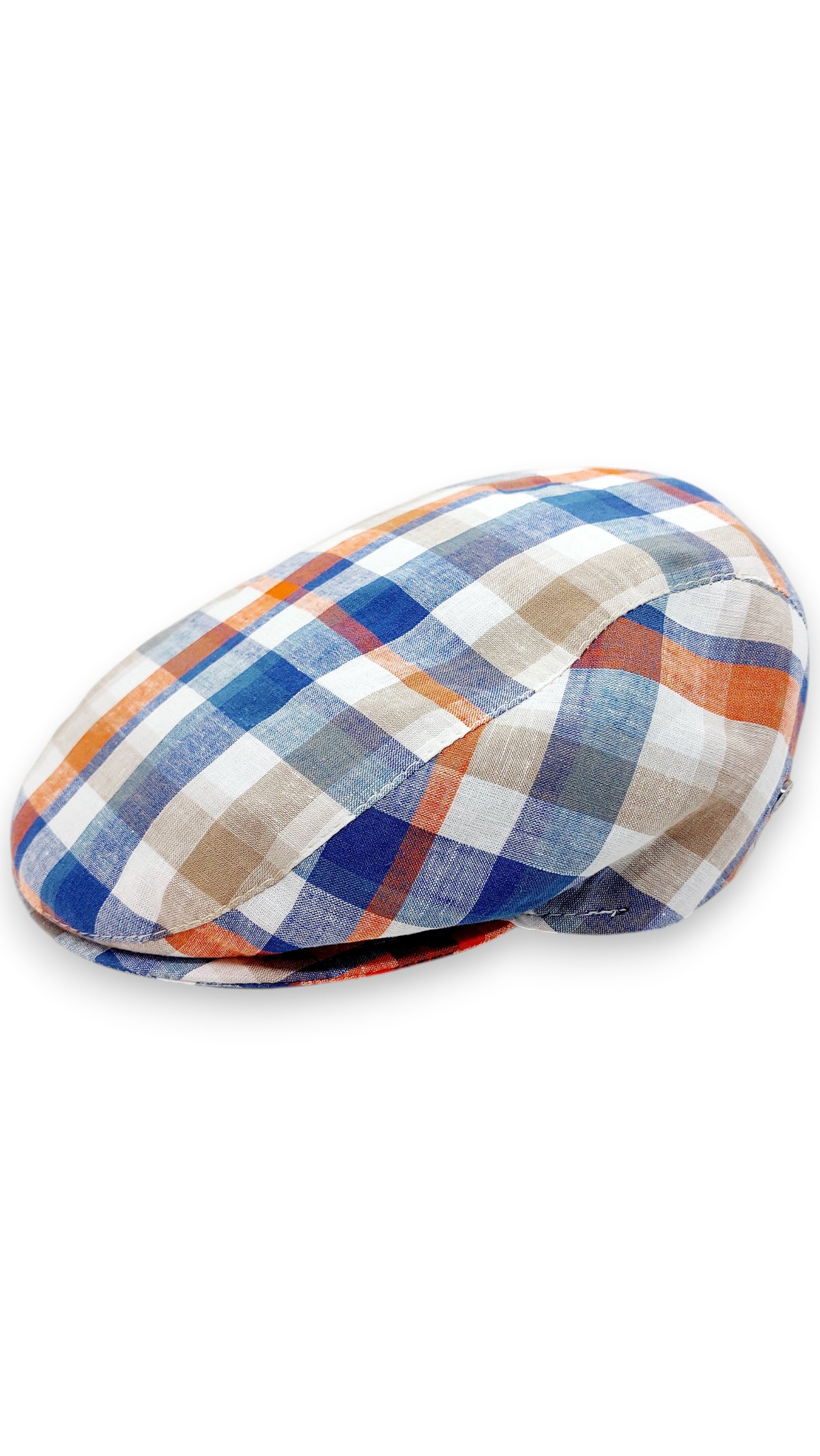 Sbarià London Madras multicolor flat cap in linen and cotton blend with plaid pattern. Vintage contemporary style.