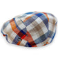 Sbarià London Madras multicolor flat cap in linen and cotton blend. Features a plaid pattern with blue, orange, beige, and white.