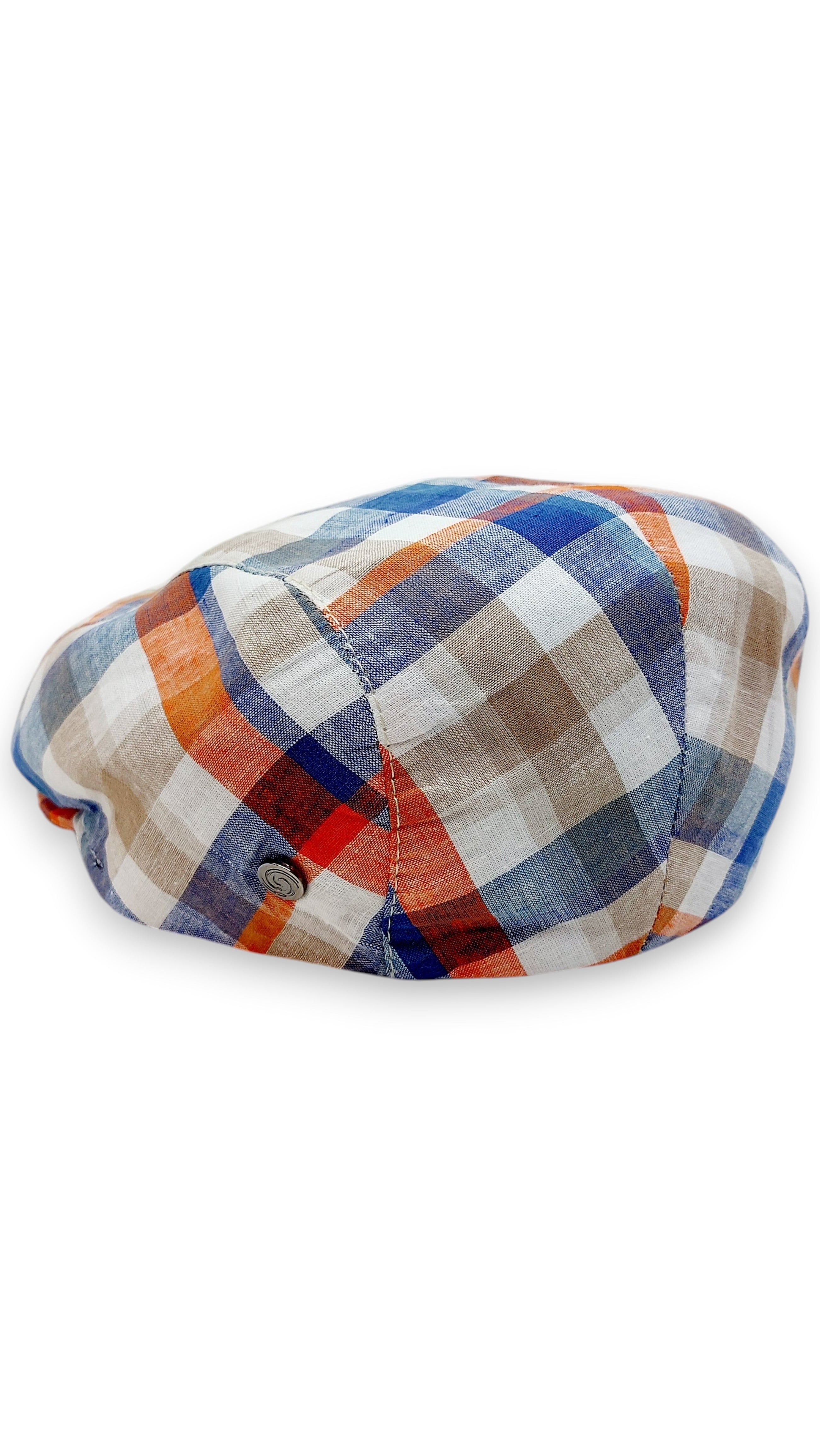 Sbarià London Madras multicolor flat cap in linen and cotton blend. Features a plaid pattern with blue, orange, beige, and white.