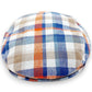 Sbarià London multicolor Madras flat cap in linen and cotton blend. Features a plaid pattern with blue, orange, beige, and white.