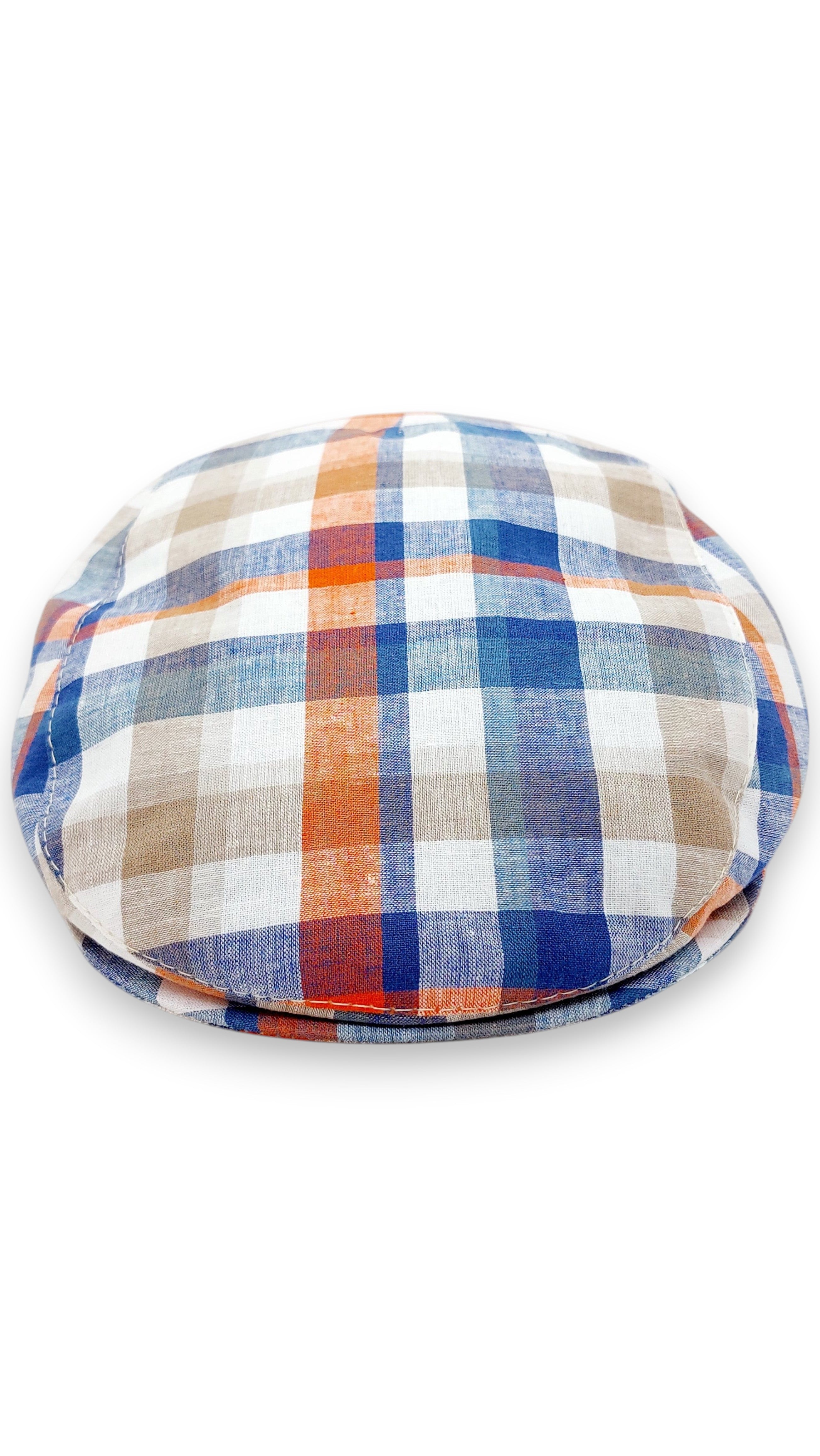 Sbarià London multicolor Madras flat cap in linen and cotton blend. Features a plaid pattern with blue, orange, beige, and white.