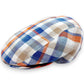 Sbarià London multicolor Madras flat cap in linen and cotton blend. Features a plaid pattern with blue, orange, beige, and white.
