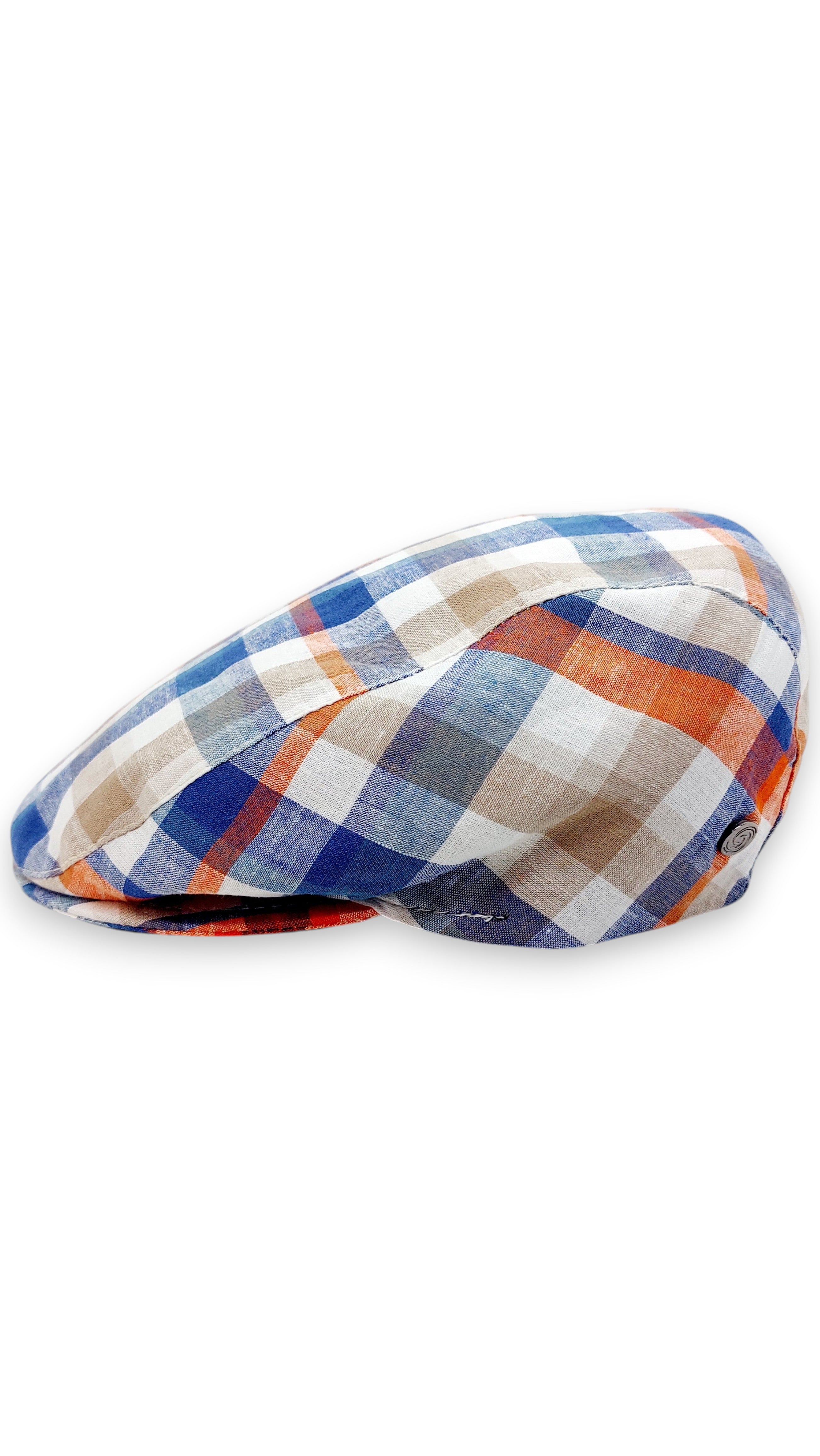 Sbarià London multicolor plaid flat cap made of linen and cotton blend with a vintage contemporary style.