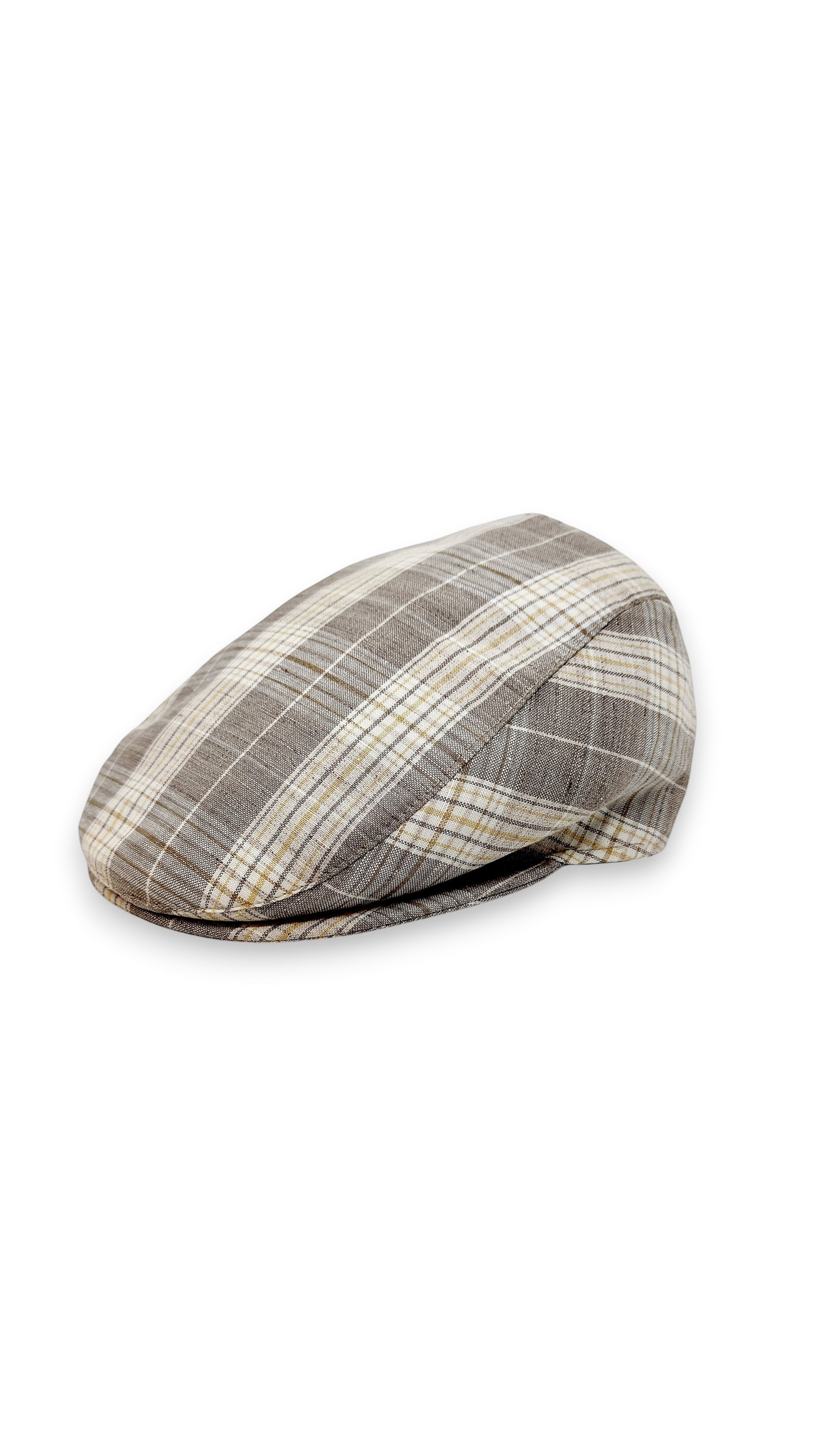 Sbarià London Tartan flat cap in beige, grey, and white plaid. Made from a linen blend with a classic cut.