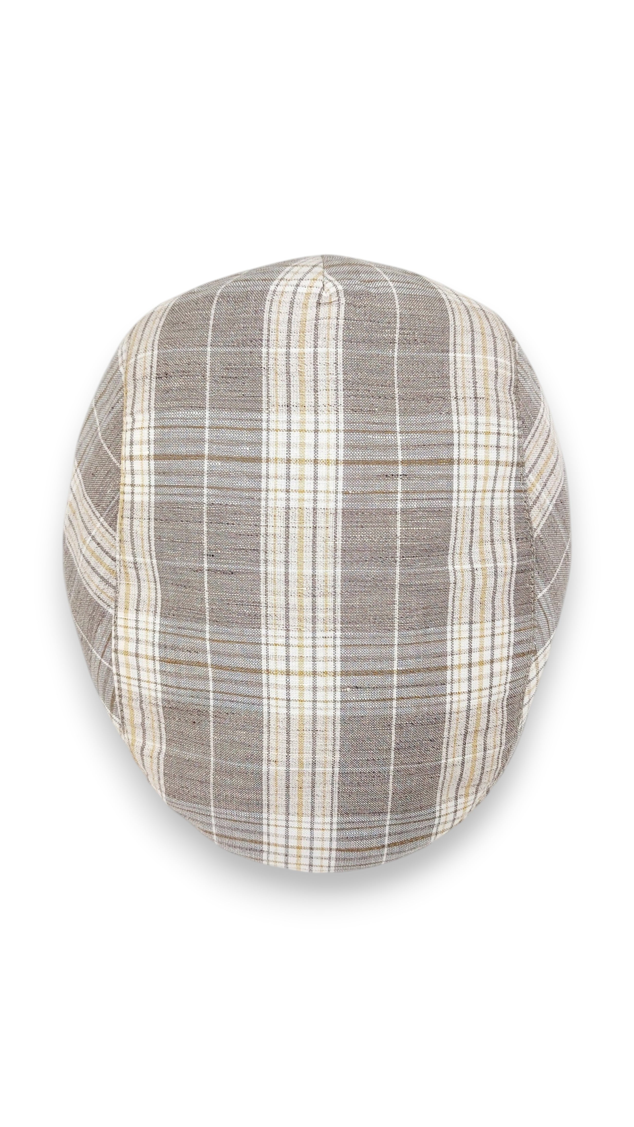Sbarià London Tartan flat cap in beige and grey plaid, made from a linen blend with a natural, lightweight feel.