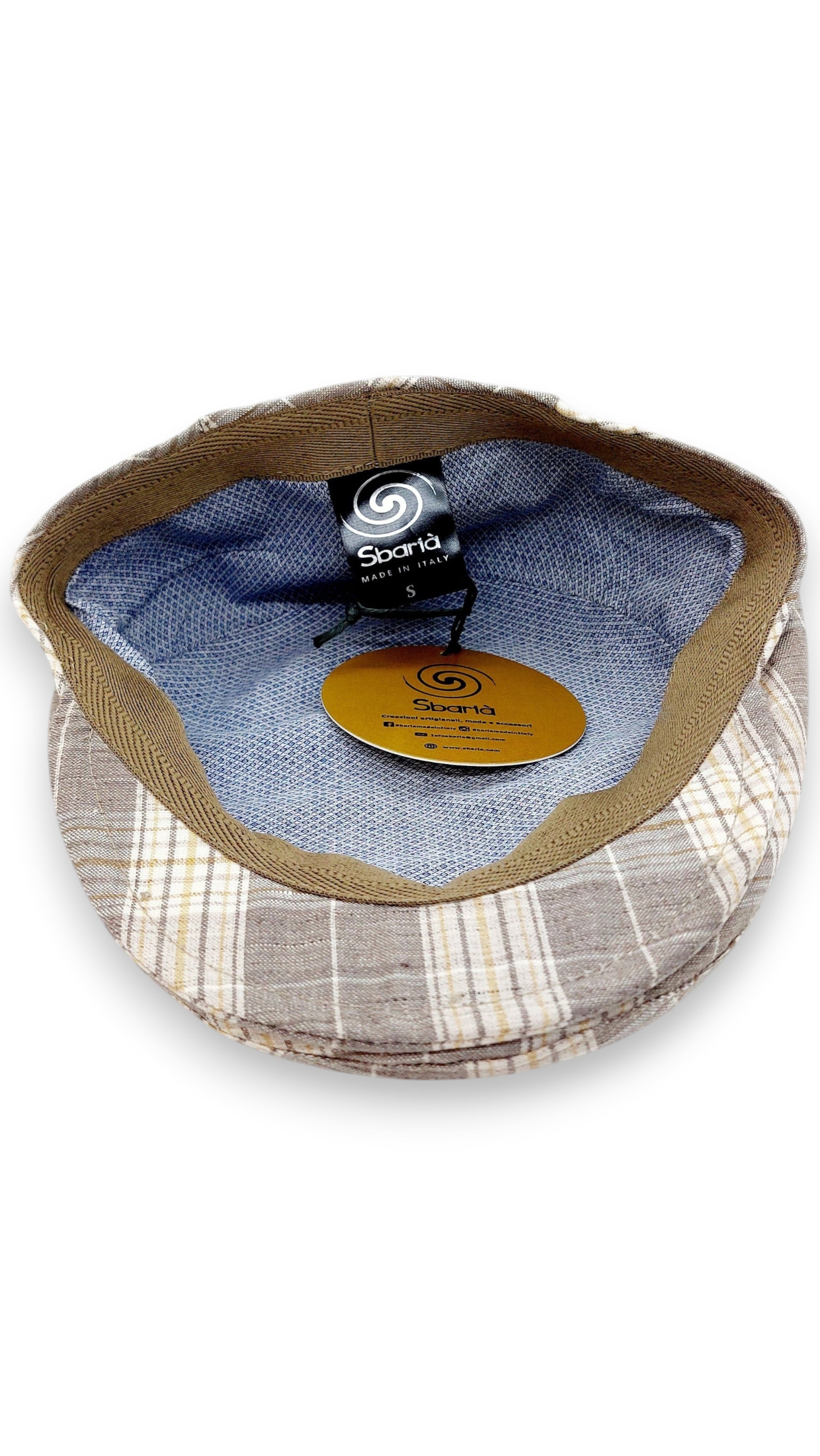 Sbarià London Tartan flat cap in beige and white plaid, made from a linen blend with a traditional cut.