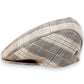 Sbarià London Tartan flat cap in beige and grey plaid, made from a linen blend with a button detail.