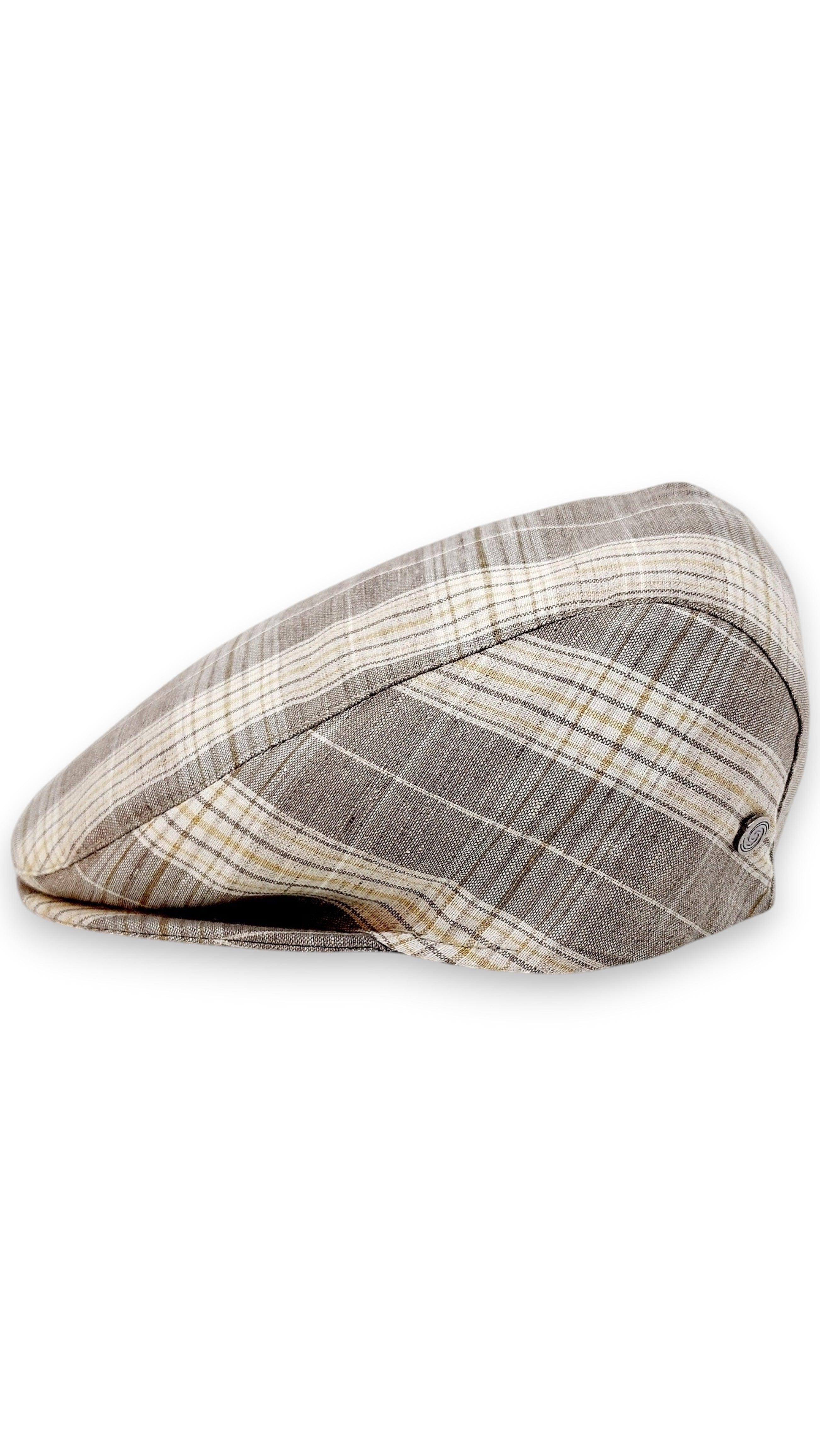 Sbarià London Tartan flat cap in beige and grey plaid, made from a linen blend with a button detail.