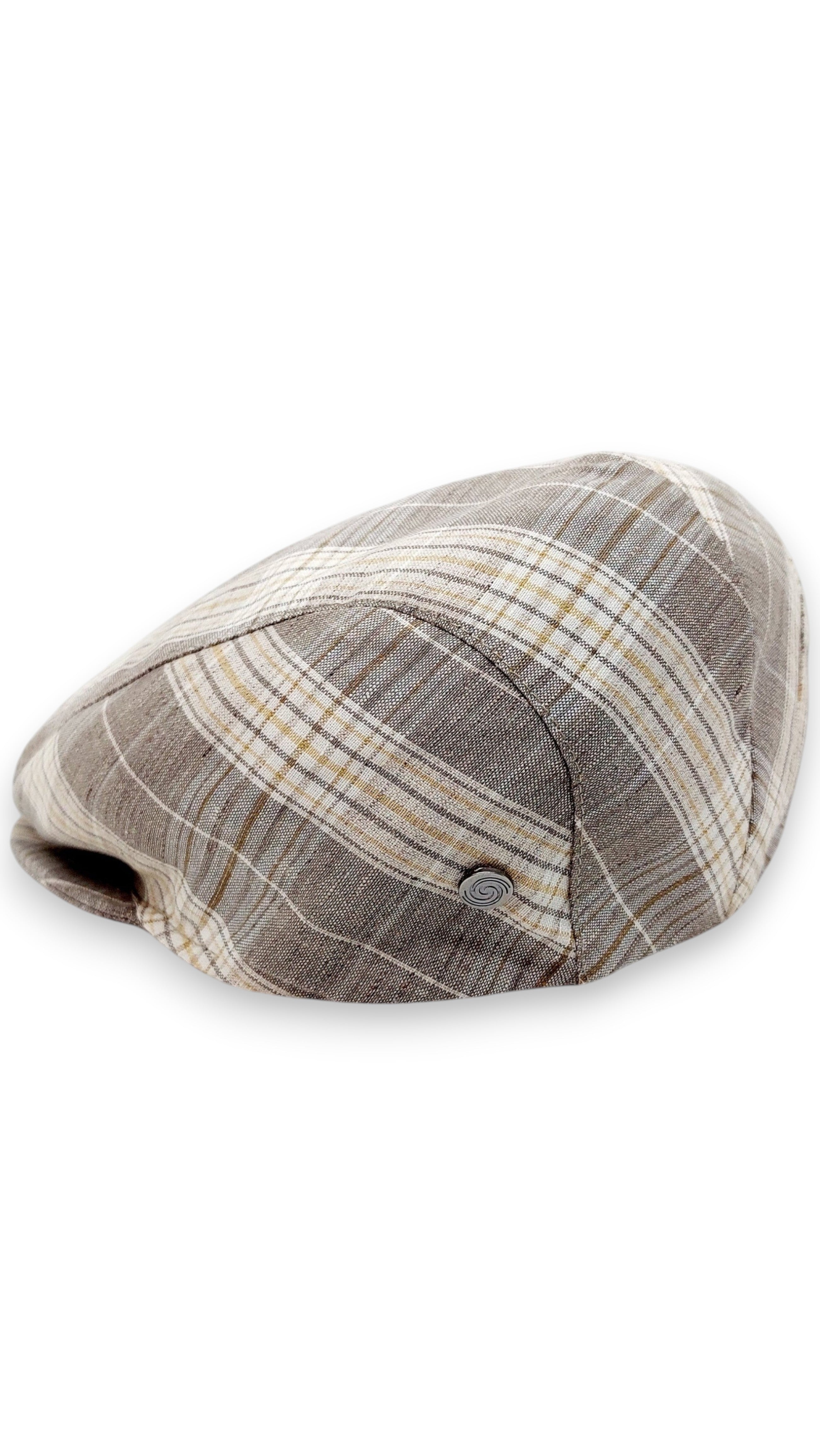 Sbarià London Tartan flat cap in beige and natural linen blend. Features a classic tartan pattern and artisanal Italian craftsmanship.