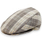 Sbarià London Tartan flat cap in beige, grey, and white plaid. Made from a linen blend with artisanal Italian craftsmanship.
