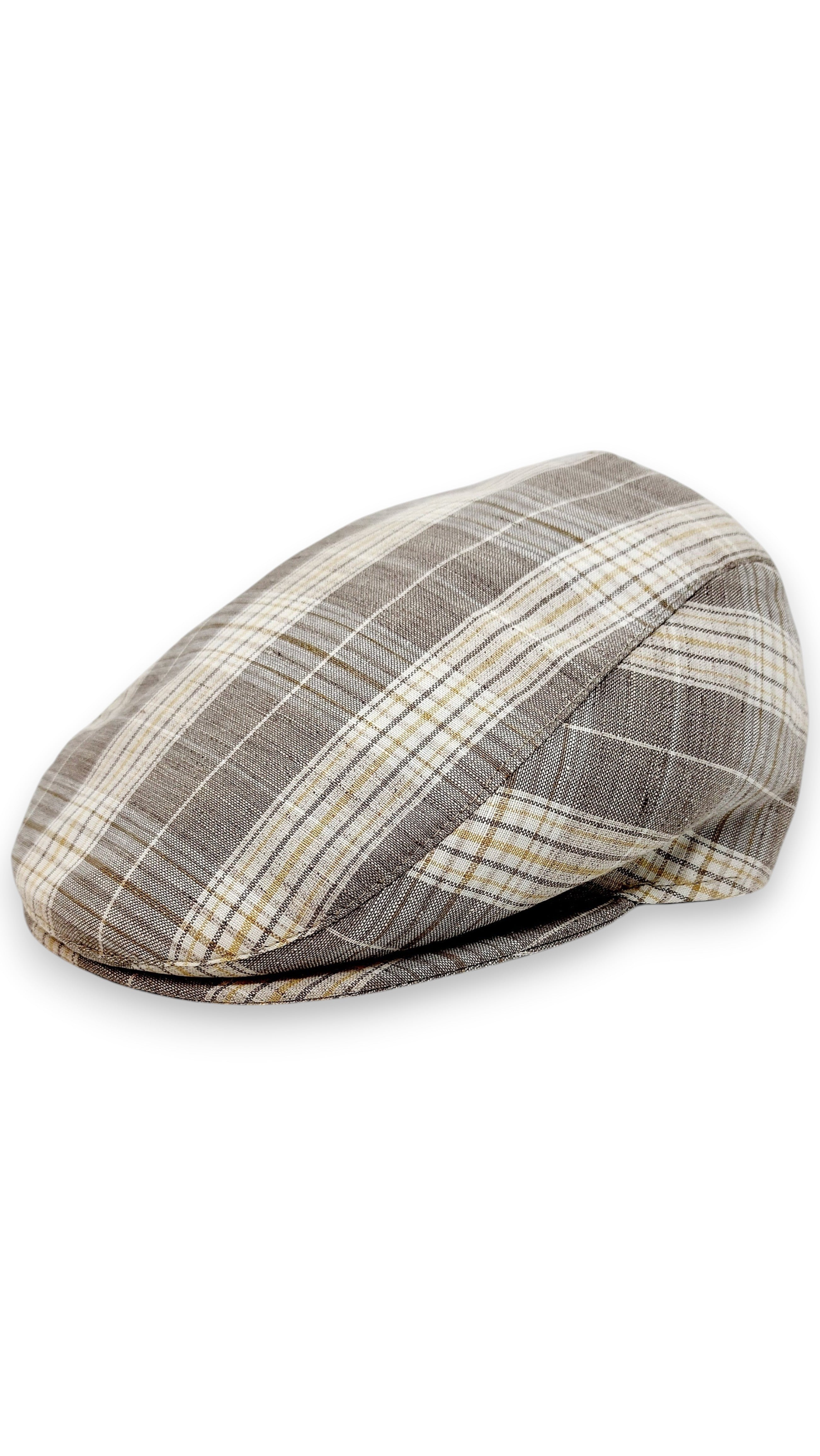 Sbarià London Tartan flat cap in beige, grey, and white plaid. Made from a linen blend with artisanal Italian craftsmanship.