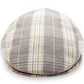 Sbarià London Tartan flat cap in beige, grey, and white plaid. Made from a linen blend with artisanal Italian craftsmanship.