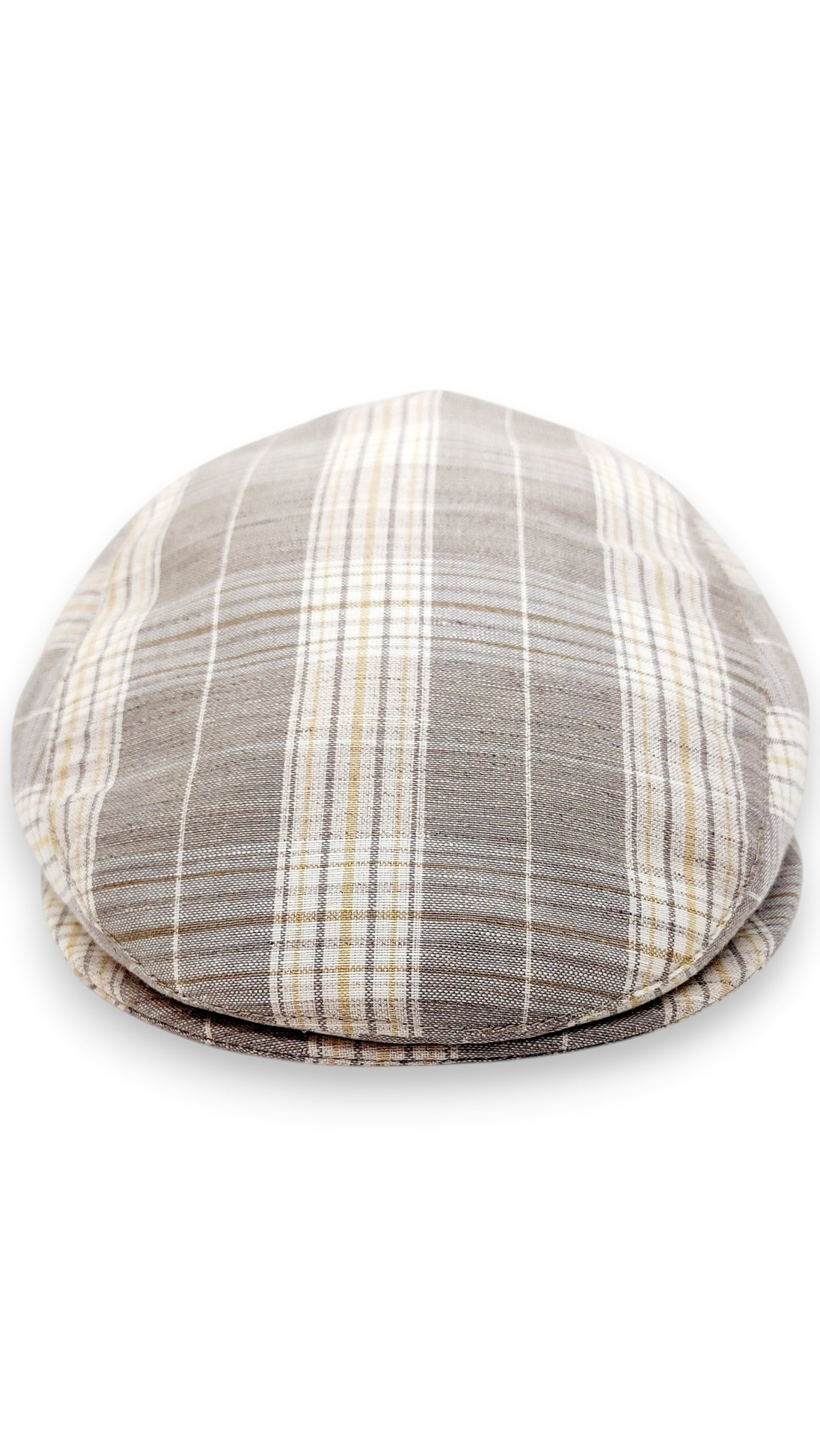 Sbarià London Tartan flat cap in beige, grey, and white plaid. Made from a linen blend with artisanal Italian craftsmanship.