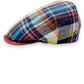 Sbarià multicolor tartan 100% linen flat cap with red brim and button detail.