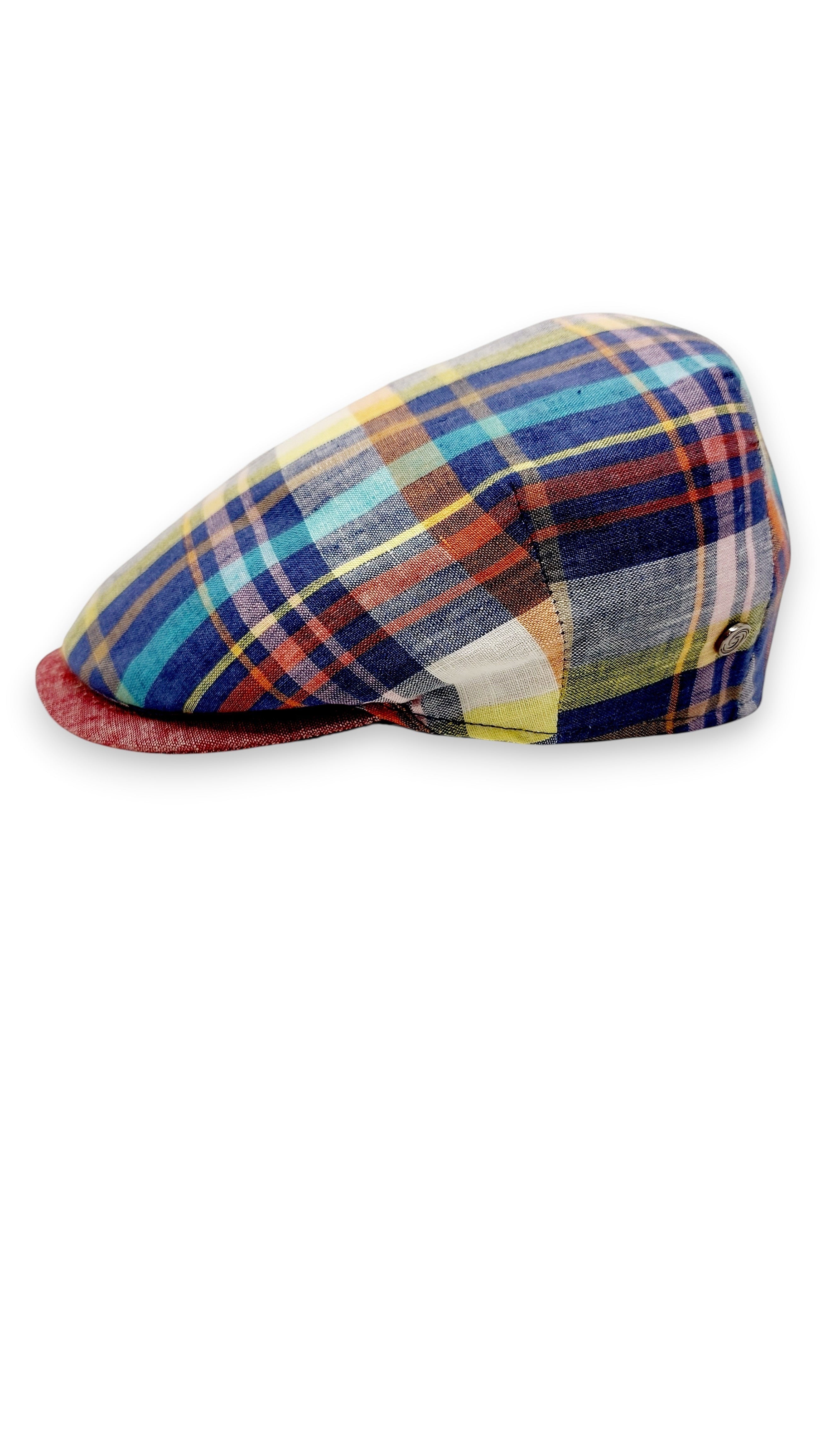 Sbarià multicolor tartan 100% linen flat cap with red brim and button detail.