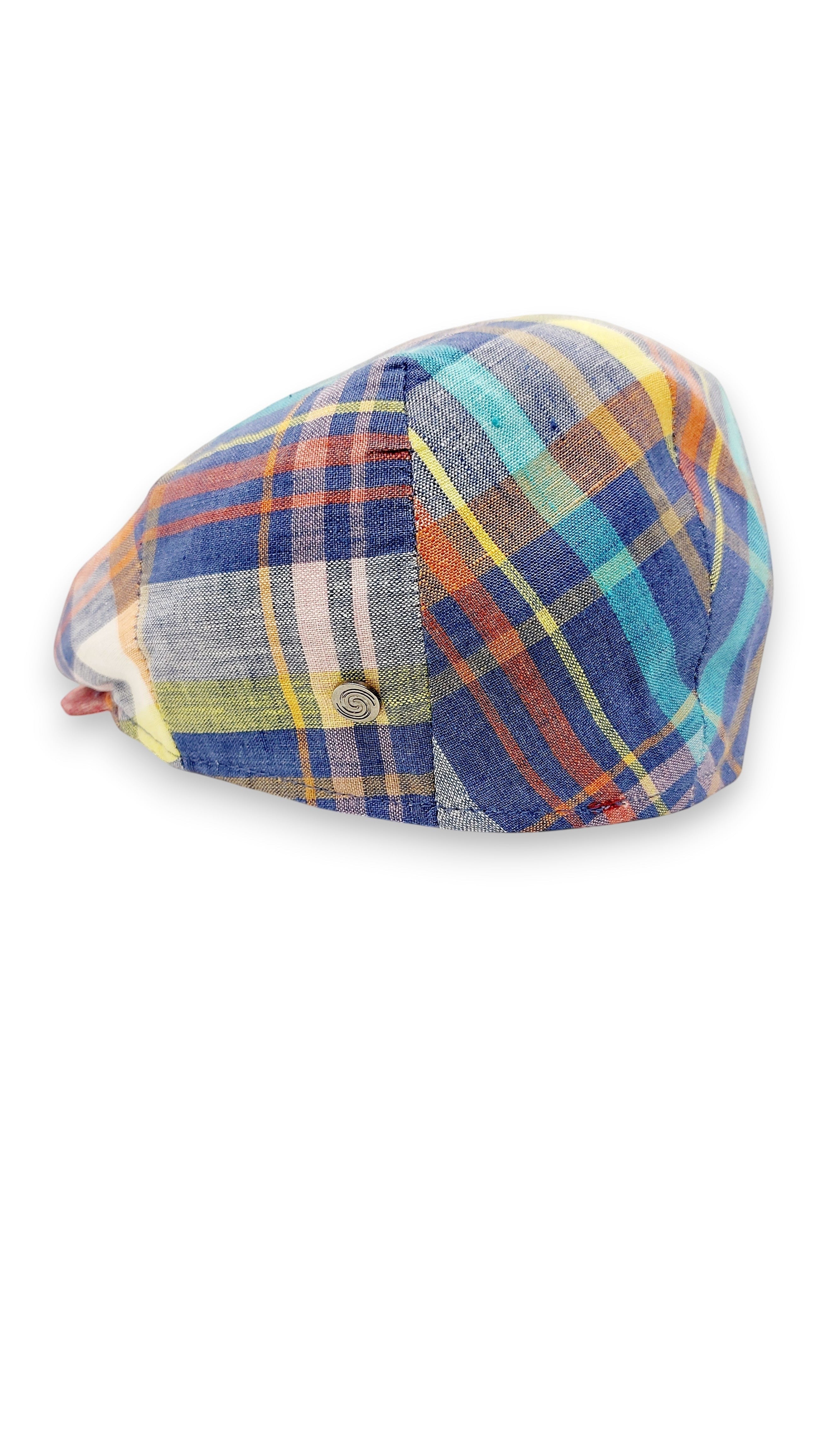 Sbarià multicolor tartan 100% linen flat cap with a single panel construction and rear stitching for a comfortable fit.