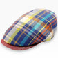 Sbarià multicolor tartan 100% linen flat cap with red brim. Breathable and artisanal Italian craftsmanship.