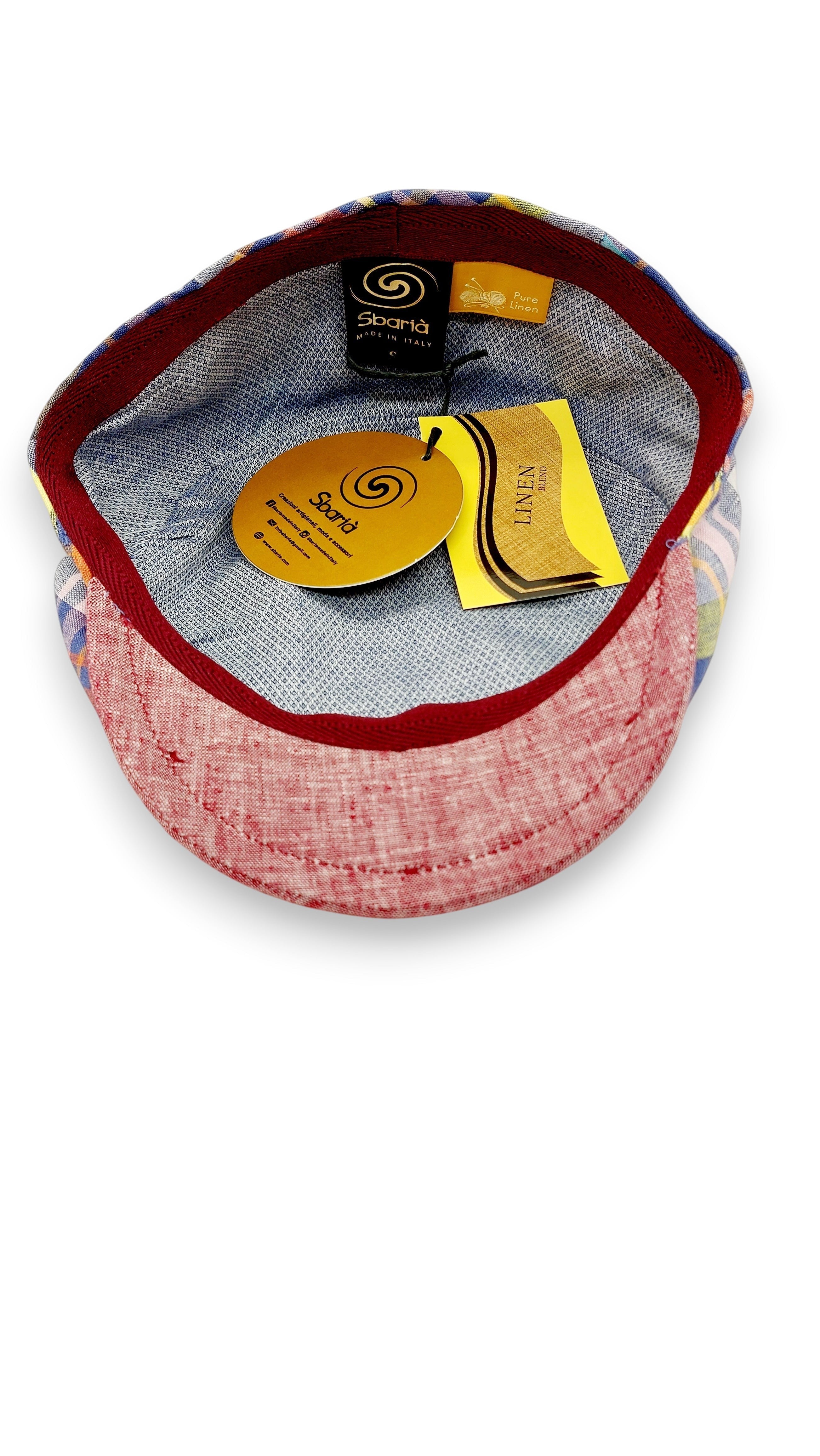 Sbarià multicolor tartan 100% linen flat cap with red brim and blue lining. Made in Italy.