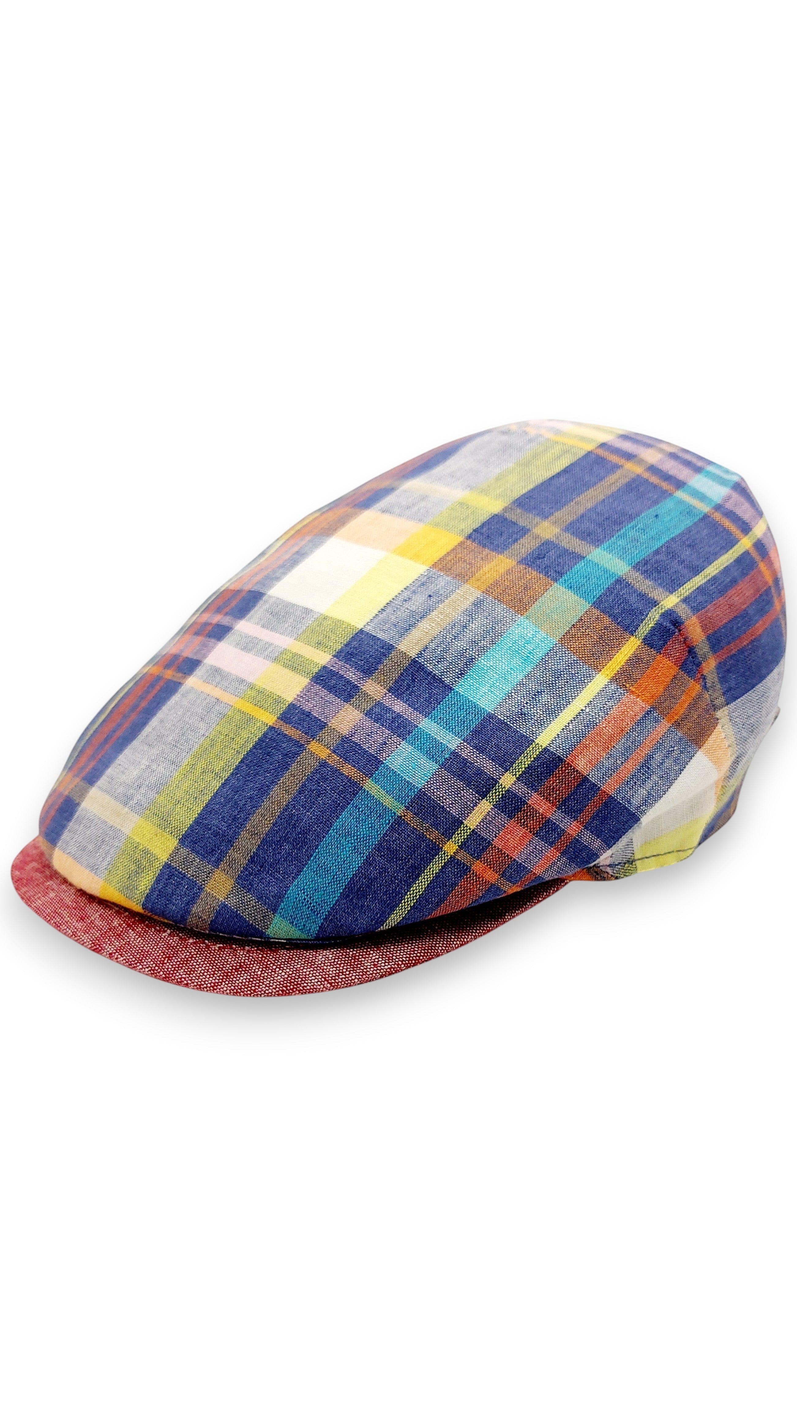 Sbarià multicolor tartan 100% linen flat cap with red brim. Breathable, artisanal Italian craftsmanship.
