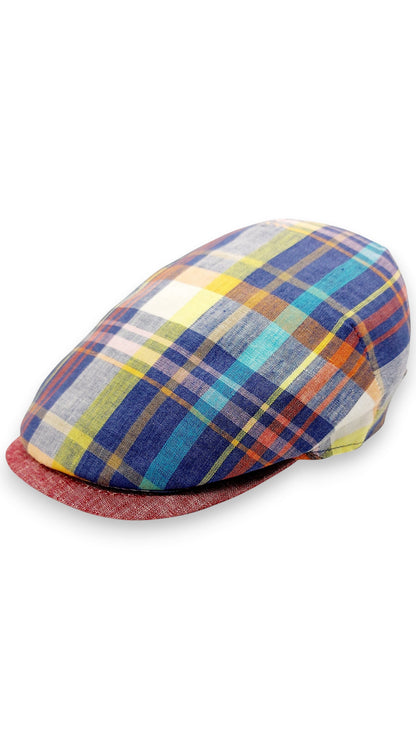 Sbarià multicolor tartan 100% linen flat cap with red brim. Breathable, artisanal Italian craftsmanship.