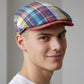 Sbarià multicolor tartan 100% linen flat cap with red brim. Breathable and artisanal.