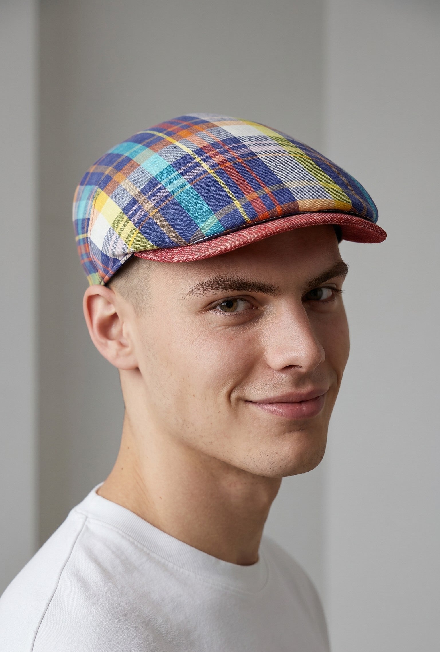 Sbarià multicolor tartan 100% linen flat cap with red brim. Breathable and artisanal.