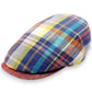 Sbarià multicolor tartan 100% linen flat cap with red brim. Breathable, artisanal Italian craftsmanship.