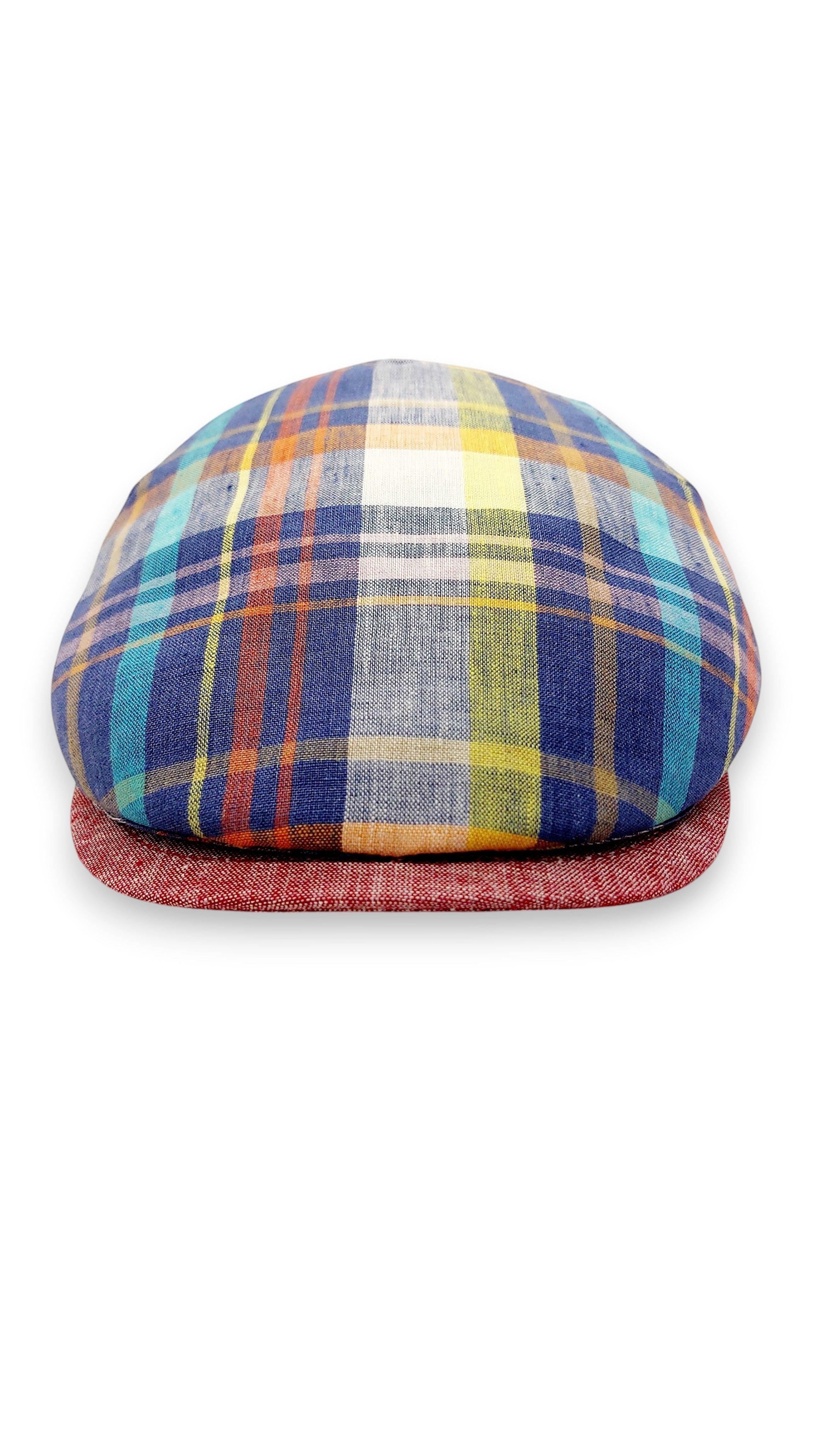 Sbarià multicolor tartan 100% linen flat cap with red brim. Breathable and comfortable for summer wear.