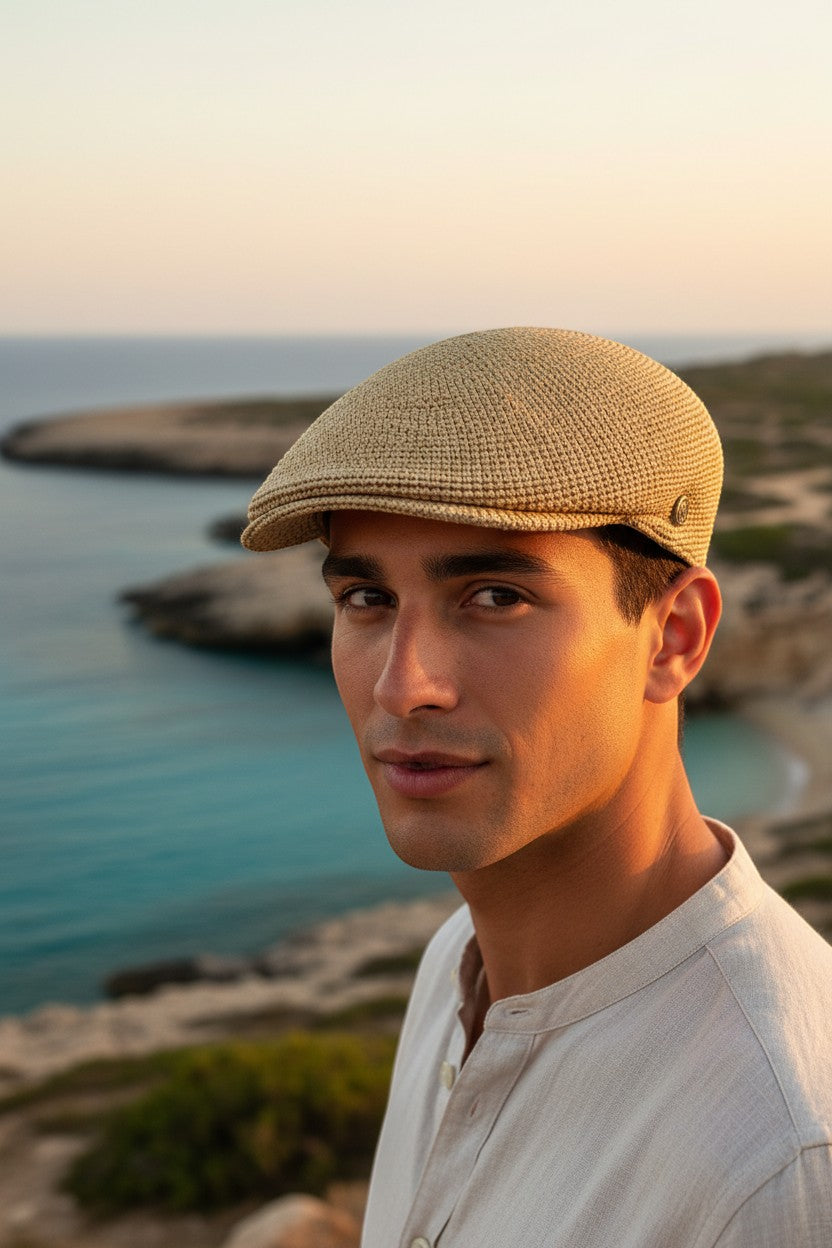 Sbarià natural raffia crochet flat cap for men, handwoven with a textured finish.