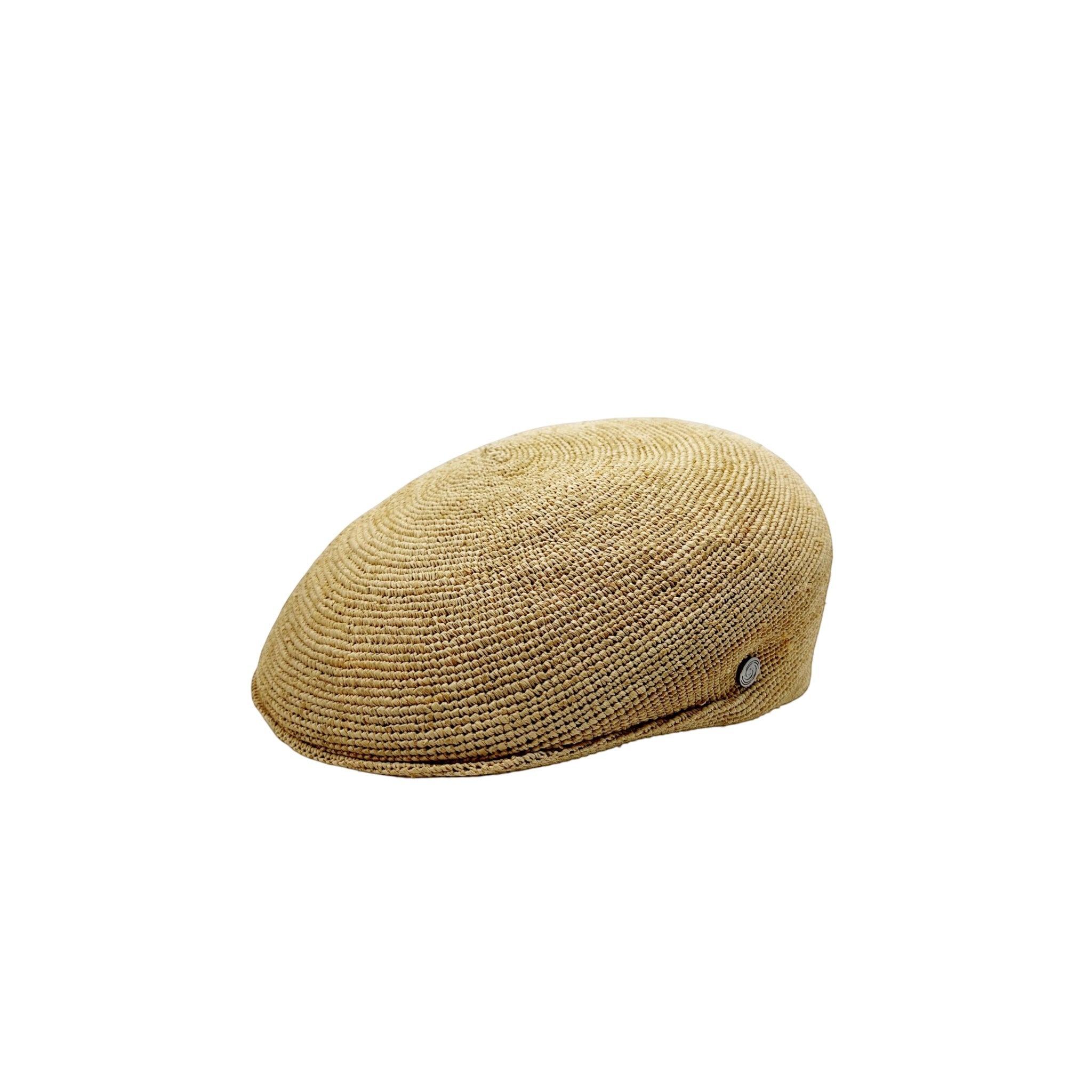 Sbarià natural raffia crochet flat cap, handwoven with a textured finish and a small metal detail on the side.
