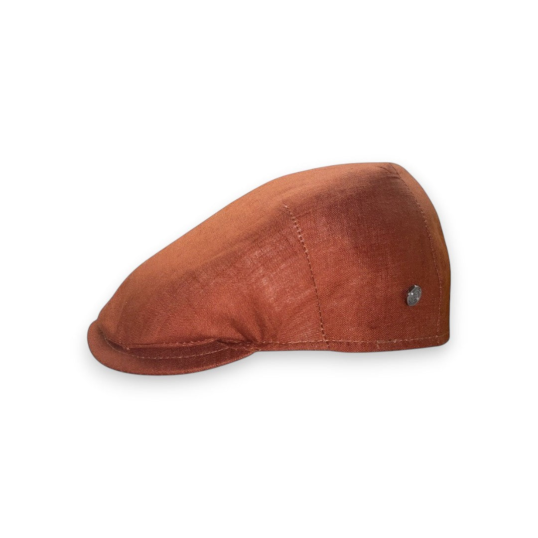 Sbarià orange 100% virgin linen flat cap with metal logo pin detail.