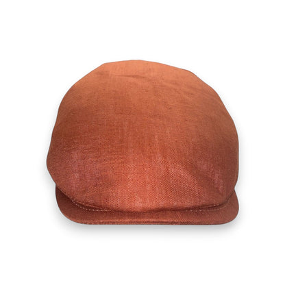 Sbarià orange pure linen flat cap with a subtle texture and a small metal pin detail.