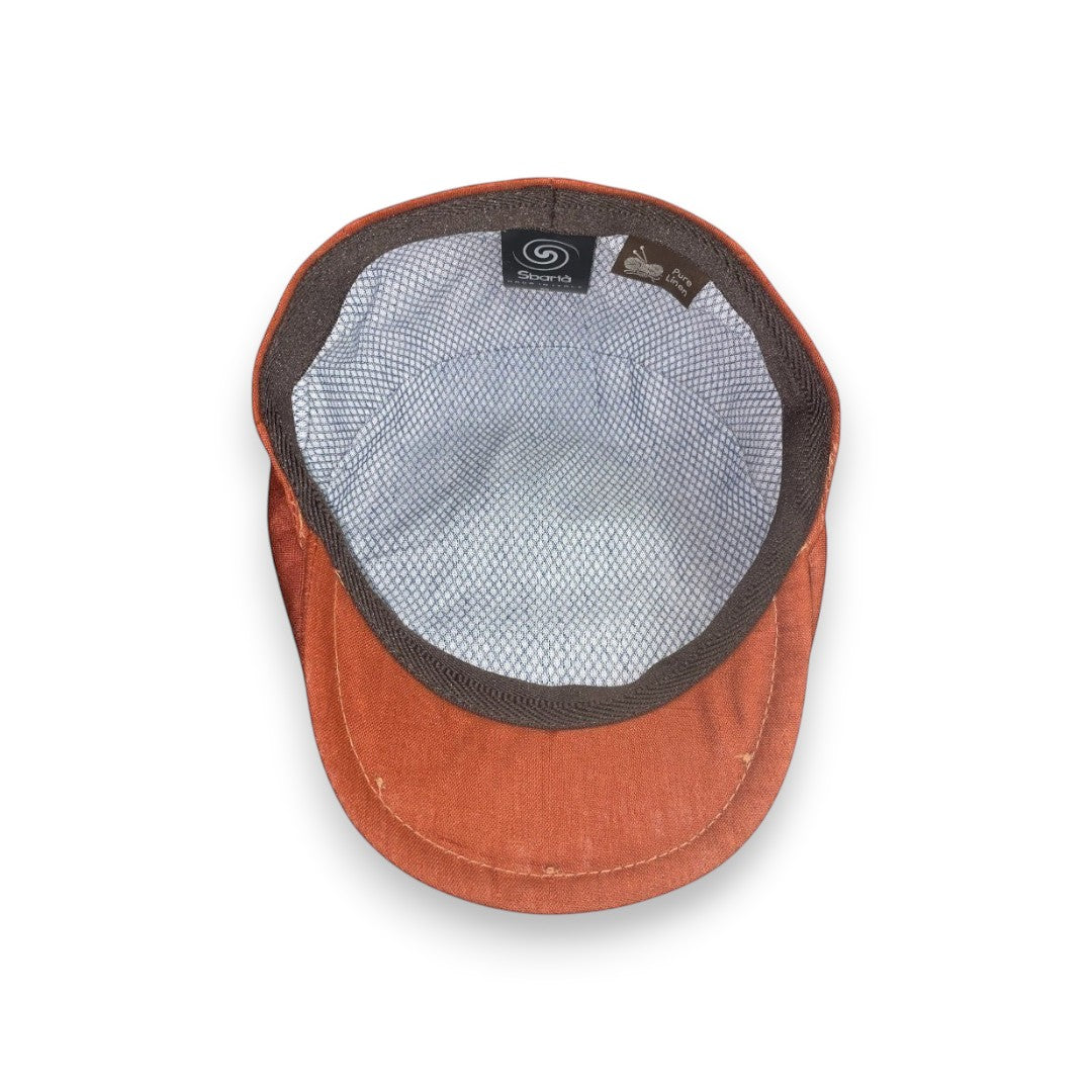 Sbarià orange pure linen flat cap with brown trim and breathable mesh lining.