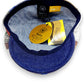 Sbarià Gatsby patchwork cap in pure linen with blue stitching and a blue brim. Features a 6-panel design.
